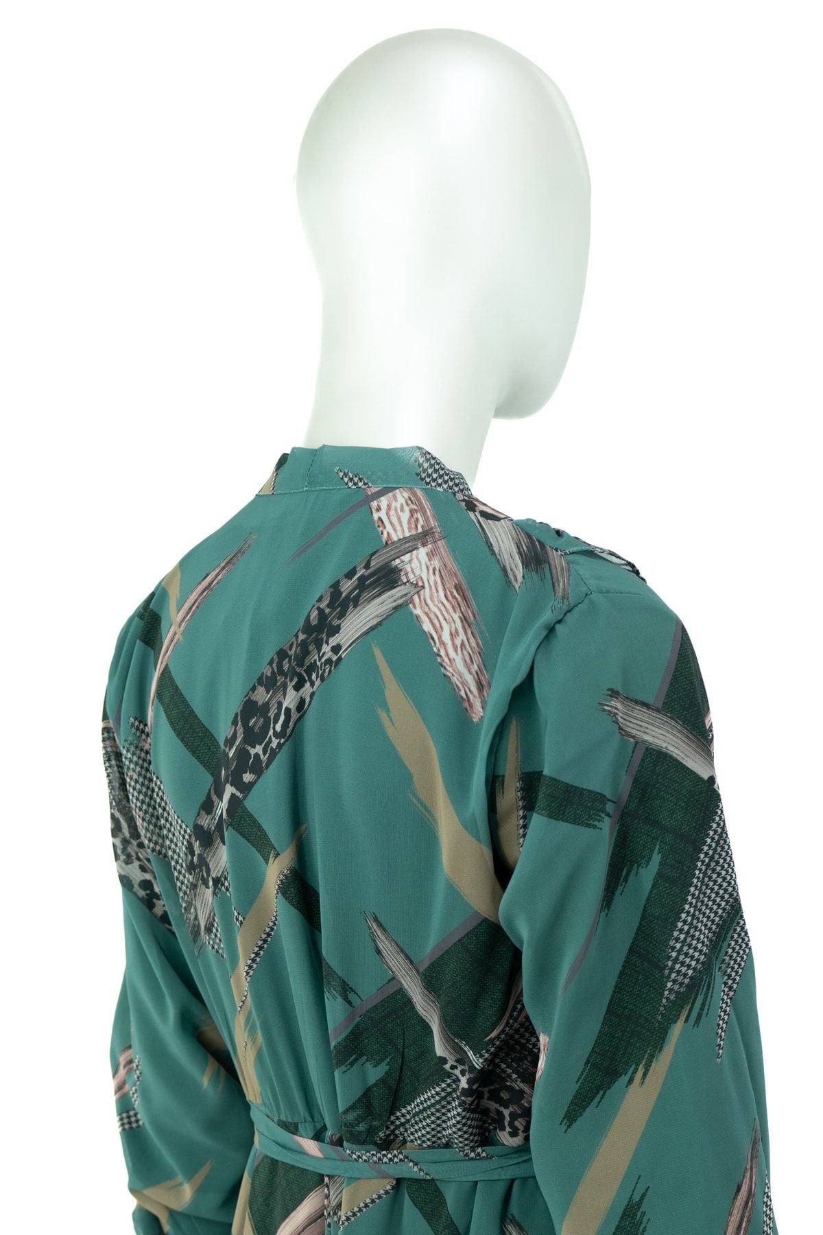 Kadın Zarif Desenli Yuvarlak Yaka Kuşaklı Astarlı Tam Kalıp Rahat Kesim Uzun Şifon Elbise